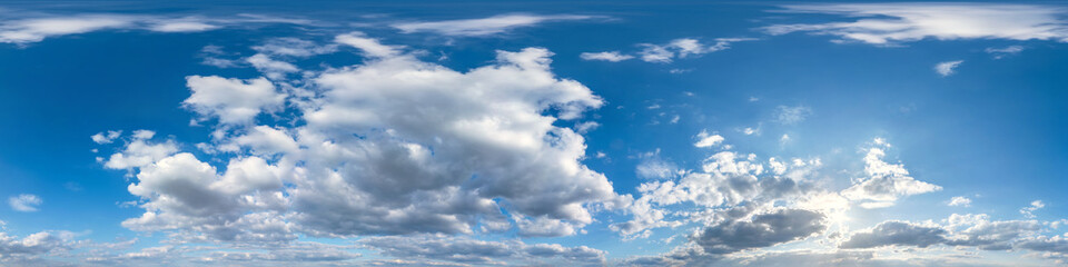 Wall Mural - Seamless hdri panorama 360 degrees angle view blue sky with beautiful fluffy cumulus clouds with zenith for use in 3d graphics or game development as sky dome or edit drone shot