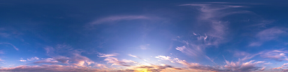 Wall Mural - dark blue sky before sunset with beautiful clouds. Seamless hdri panorama 360 degrees angle view with zenith for use in 3d graphics or game development as sky dome or edit drone shot