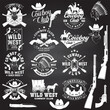 Set of cowboy club badge on chalkboard. Vector. Concept for shirt, logo, print, stamp, tee with cowboy and shotgun. Vintage typography design with wild west and western rifle silhouette.