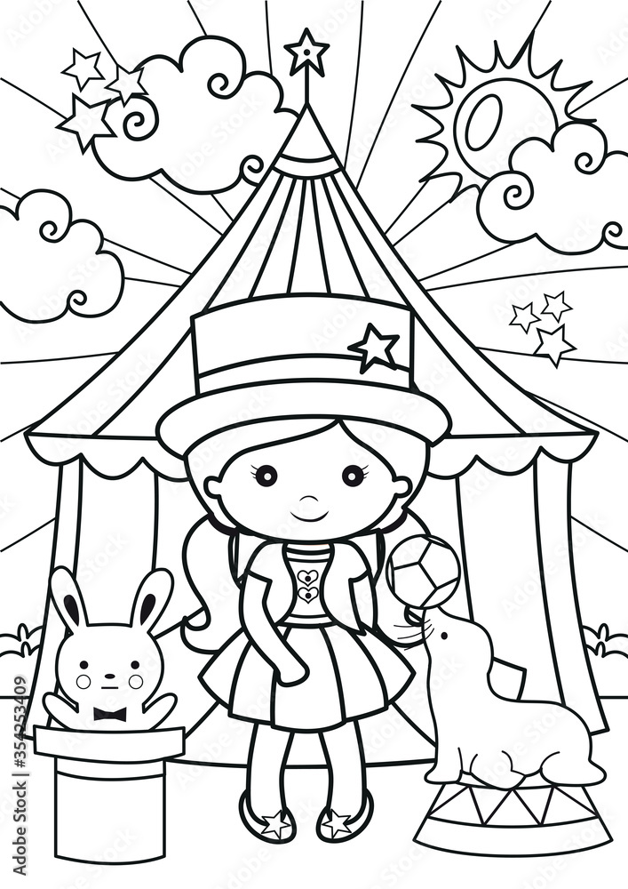 kids coloring page with cute girl and friends in circus tent Stock ...
