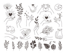 Collection Icons Magic Hands Tattoo. Design Logos Female Vector Hands With Mystical Illustrations Heart, Key, Occult Eye, Cat Icon And Set Of Branches On White Back