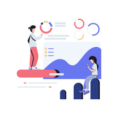 Man and woman work with data graph and statistics flat illustration.