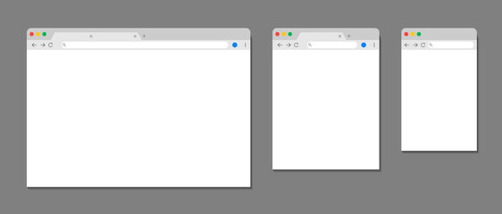 Browser window. Web template for computer, tablet and mobile. Internet page with interface, toolbar, desktop. Blank mockup of website in screen. Frame of simple pc browser with search panel. Vector.