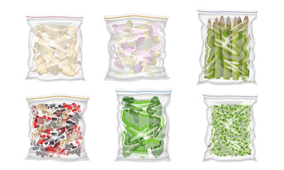 Wall Mural - Chopped Frozen Vegetables and Greenery Stored in Plastic Packages Vector Set