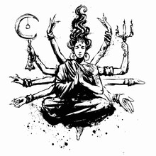 A Beautiful Multi-armed Meditating Girl With Ten Hands, In The Lotus Position, Hovers Above The Ground, Holding Various Objects In Her Hands . 2D Illustration.