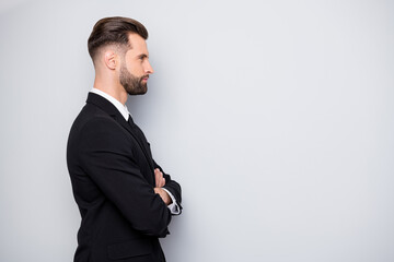 Poster - Profile side photo of serious masculine entrepreneur man cross hands listen his collar report wear formalwear clothing isolated over grey color background