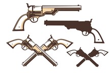 Western Gun Retro Style. Vintage Wild West Pistol. Cowboy Revolver Icon. Vector Illustration.