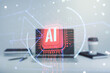 © Pixels Hunter - Double exposure of creative artificial Intelligence abbreviation with computer on background. Future technology and AI concept