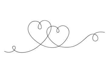 Continuous one line heart drawing. Black contour love sign doodle style, abstract linear minimal tattoo design of two hearts isolated on white background. Vector illustration