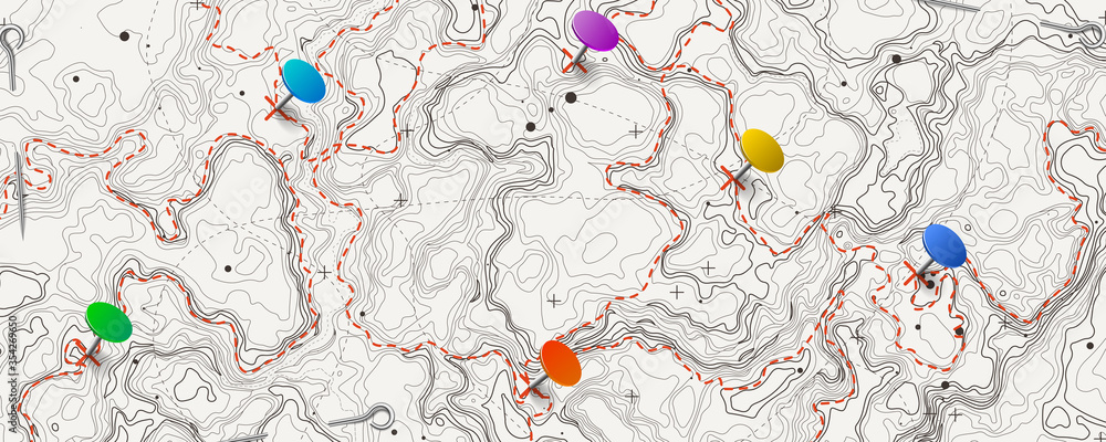 Fictional Topographic Map With Pins And Paths Lined Conceptual