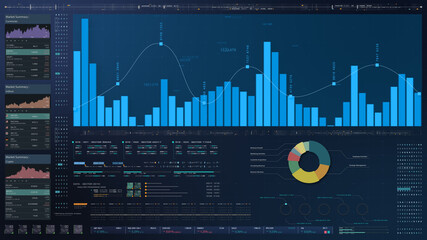 Aufkleber - Business stock market, trading, info graphic with animated graphs, charts and data numbers insight analysis to be shown on monitor display screen for business meeting mock up theme