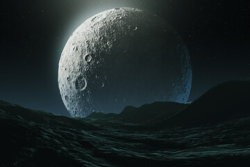 Wall Mural - big moon rising over mountains, surreal 3d illustration