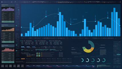 Business stock market, trading, info graphic with animated graphs, charts and data numbers insight analysis to be shown on monitor display screen for business meeting mock up theme