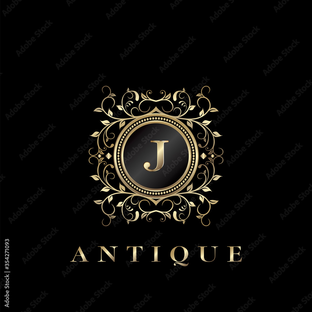 Circle Nature Leaf Luxury Letter J logo. Antique elegance vector design floral ornament on circle frame with gold vintage . Vector logo template, wedding labels and badges