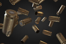 Photorealistic 3D Illustration Of Flying Bullet Shells On A Black Background.