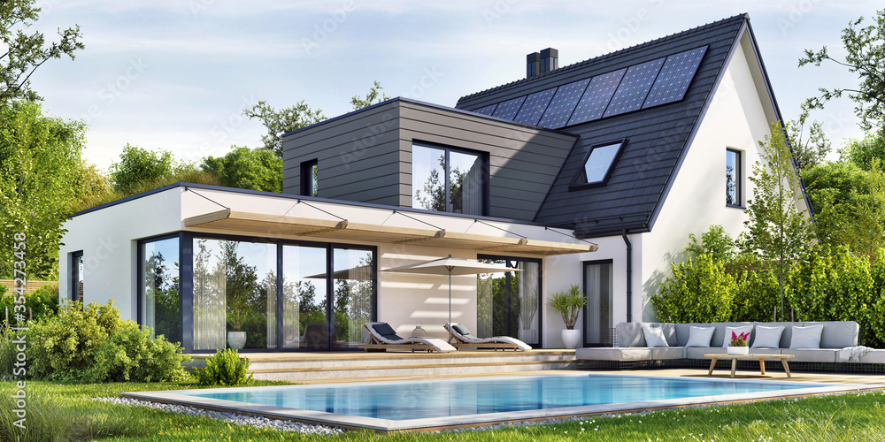 Beautiful modern house with solar panels and a swimming pool - obrazy, fototapety, plakaty 