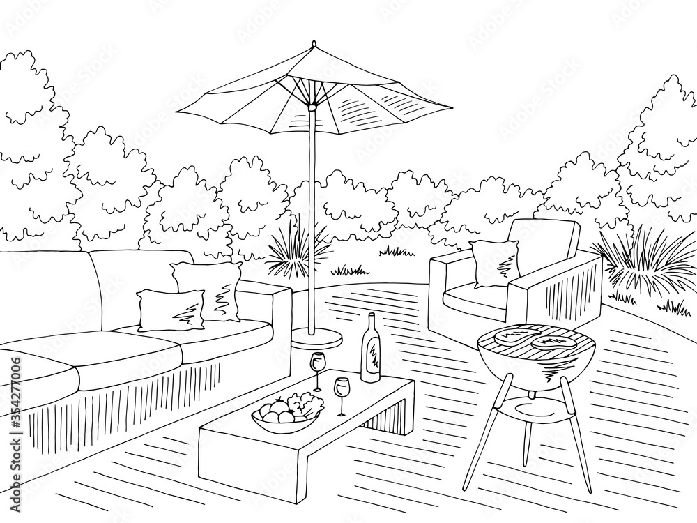 Barbecue graphic black white landscape sketch illustration vector - obrazy, fototapety, plakaty 
