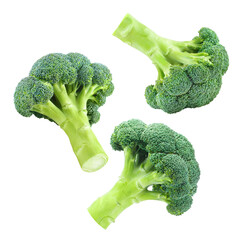 Flying broccoli, isolated on white background