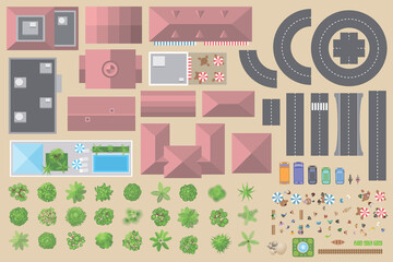 Wall Mural - City elements. Objects to the map view from above. Set: houses, buildings, roads, cars, trees, plants, people. (top view)