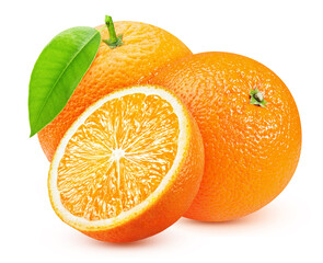 Wall Mural - ripe orange with a leaf and a slice sliced isolated on a white background