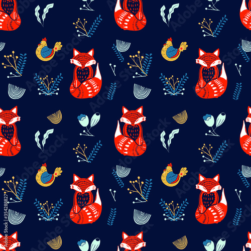 Photographie Scandinavian folk art pattern with birds and flowers