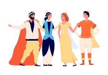 The royal family. Cartoon queen king princess and prince. Isolated women men in medieval suits, acting theater troupe vector illustration. Royal family cartoon, people in golden crown and nice dress