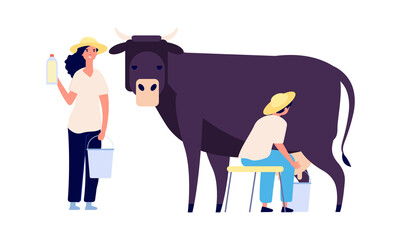 Wall Mural - Milk farm characters. Flat cow, woman with bottle. Fresh organic products, raw for market. Isolated agricultural people working vector illustration. Farm woman and cow milk, organic product