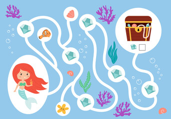 Educational maze game for children. Help the mermaid collect all diamonds. Count and write result. Underwater treasure chest. Vector cartoon characters.