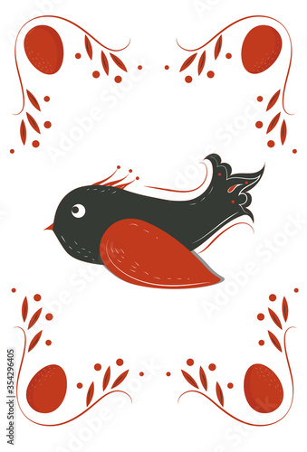 Composition of a bird surrounded by decorative elements such as eggs and spri...