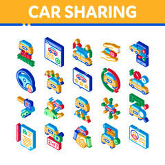 Wall Mural - Car Sharing Business Icons Set Vector. Isometric Car Share Deal And Agreement, Web Site And Phone Application, Key And Driver License Illustrations