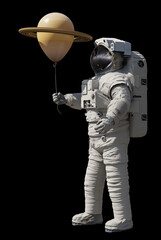 Wall Mural - astronaut with planet saturn balloon isolated on black background