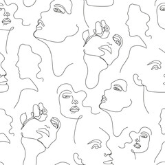 Vector one line drawing women faces seamless pattern, black and white. Fashion poster, minimalistic style. Female Portrait Endless Background. t-shirt print