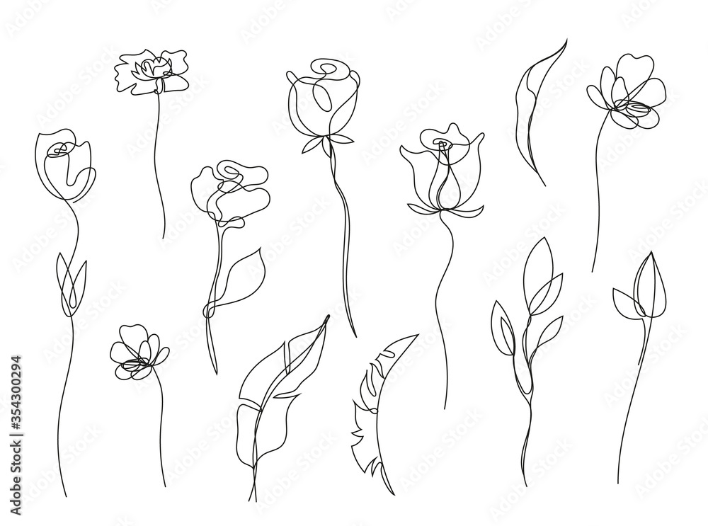 Vector set of hand drawn, single continuous line flowers, leaves. Art ...