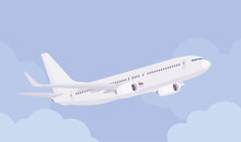 Passenger White Plane Taking Off, Airline Aircraft Departure, Leaving The Ground For Flight. Airport Business Vehicle Sky Travel Jet Or Holiday Aviation Tourism. Vector Flat Style Cartoon Illustration