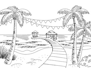 Sea coast beach party graphic black white landscape sketch illustration vector