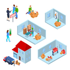 Poster - Color Moving New House Concept 3d Isometric View. Vector