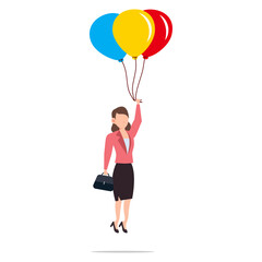 Cartoon character illustration of successful young business woman flying on colorful balloons. Flat design isolated on white background.