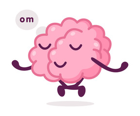 Poster - Relaxed Pink Brain Meditating, Funny Human Nervous System Organ Cartoon Character Vector Illustration on White Background