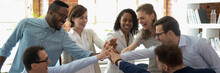 Happy Multi Ethnic Colleagues Celebrating Business Success Giving High Five Show Support Share Common Victory. Teambuilding, Teamwork, Unity Concept. Horizontal Photo Banner For Website Header Design
