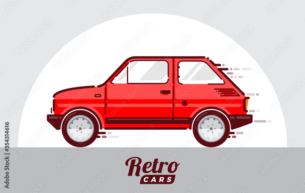 Retro vintage car illustration. Flat dynamic vector. - obrazy, fototapety, plakaty 