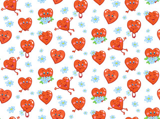 Poster - Happy red hearts and white flowers. Pattern in cartoon style, on a neutral background. For valentines day. Vector illustration.