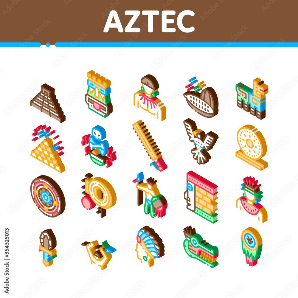 Aztec Civilization Icons Set Vector. Isometric Aztec Antique Pyramid ...
