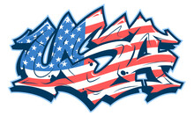 USA Lettering In Readable Graffiti Style Filled With National Flag. Vector Banner Isolated On White.