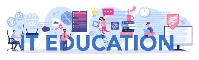 IT education typographic header concept. Student write software