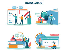 Translator And Translation Service Concept Set. Polyglot Translating