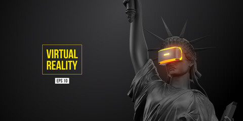 Wall Mural - vr headset, future technology concept banner. 3d of the black statue of liberty, woman wearing virtu