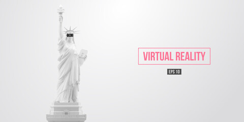 Wall Mural - vr headset, future technology concept banner. 3d of the white statue of liberty, woman wearing virtu