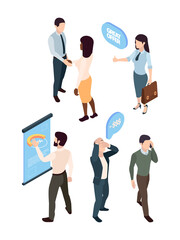Wall Mural - isometric people manager analytic. girl briefcase pleased with result man looking infographics manag