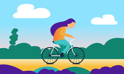 Flat Illustration Girl Riding with Cycle 