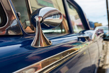 Side Mirror Of An Old Car In Havana Cuba, Perspective View With Blur, Horizontal Photo